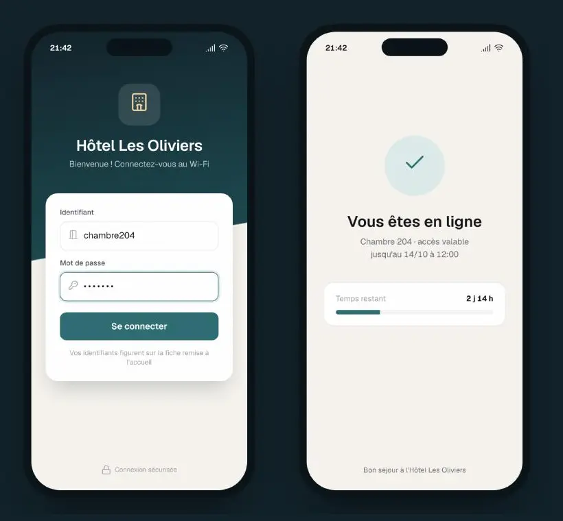Portail captif personnalisé Hotspot Manager affiché sur deux smartphones